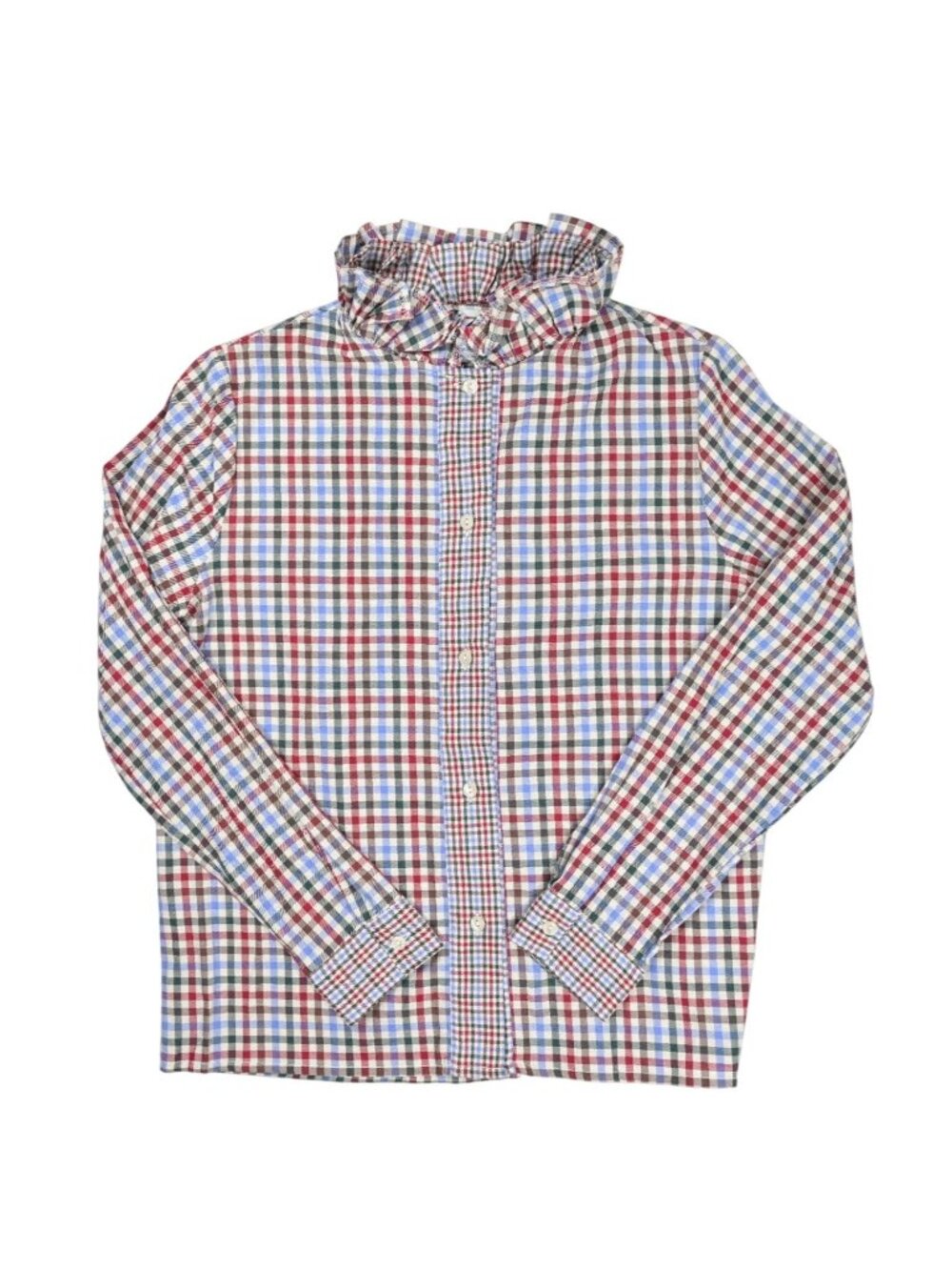 Maria de la Orden High Neck Ruffle Shirt in Blue Plaid